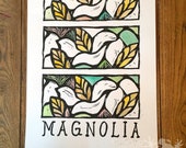 Magnolia Block Print Wall Art, Hand Painted Block Print Poster, Mississippi State Flower, Linocut Print, Botanical Art, Southern Art Linocut