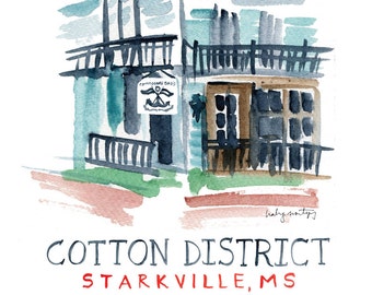 Cotton District, Starkville Mississippi - Commodore Bob's - Watercolor Print - Hand Lettering