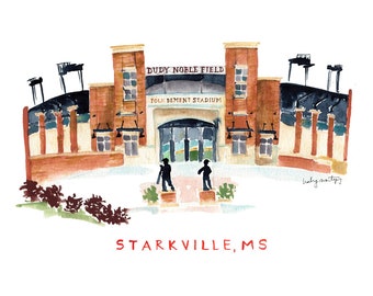 Mississippi State Inspired Print. Dudy Noble Baseball Stadium. Dorm Wall Decor. Watercolor Print. College Art. MSU Water Color Painting Art.