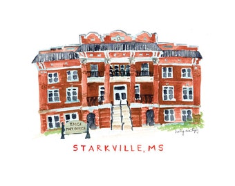 Mississippi State University. YMCA Building. MSU Post Office. Hail State. Watercolor Print. College Art Print. Mississippi Art. Dorm Wall.