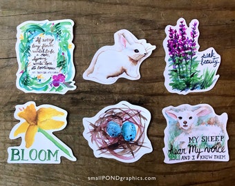 Spring Sticker Pack - Six Nature Stickers - Bunny Flower, Lamb - Water Bottle Stickers - Waterproof stickers - Die-Cut Stickers - Watercolor