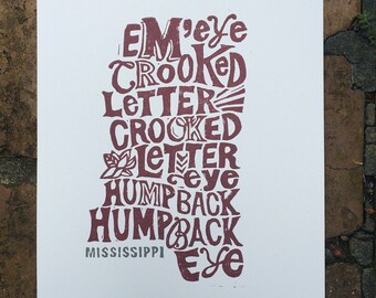 Mississippi State Crooked Letter Block Print -- hand lettering, linocut, charcoal, maroon, gray