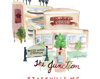 Mississippi State Watercolor. Junction Davis Wade Football Stadium. Watercolor Print. Dorm Wall Decor. College Art Print. MSU painting print