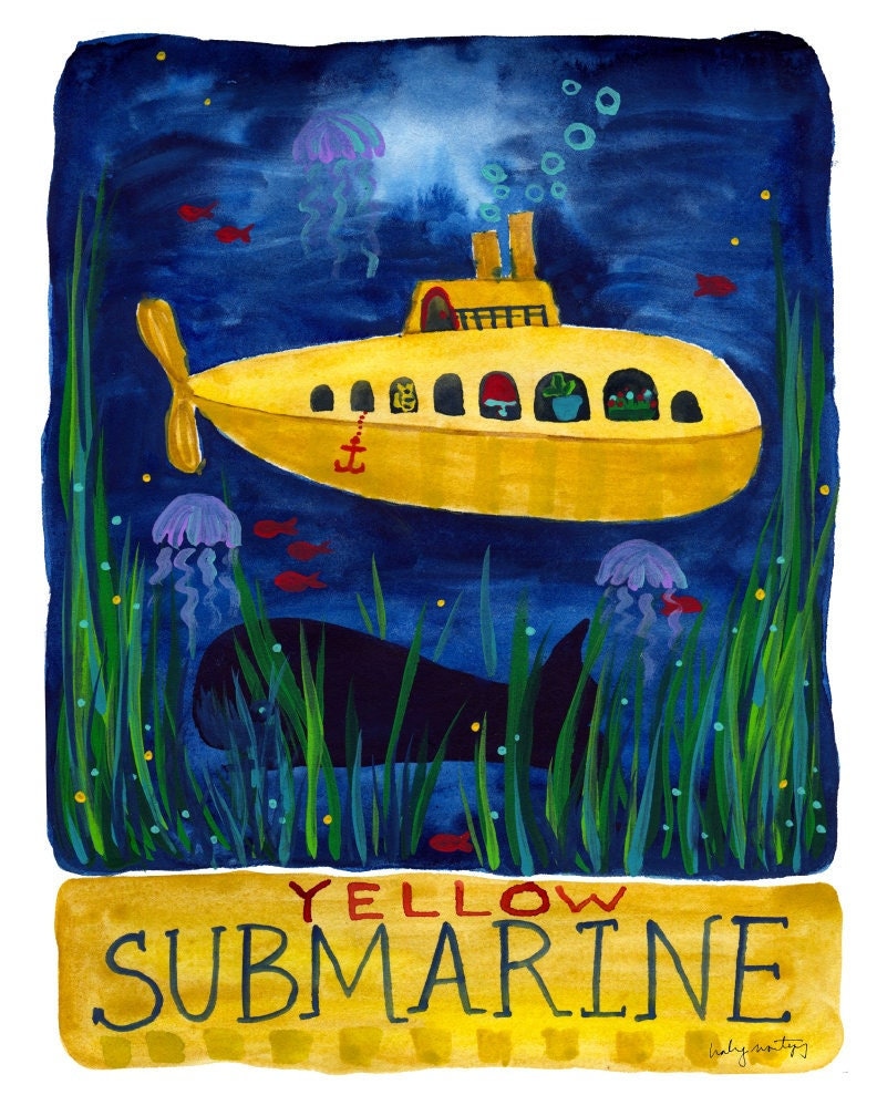 Yellow Submarine, Watercolor Print, Whimsical Wall Art, Kids