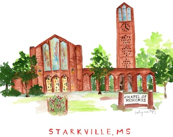 Mississippi State Print. Chapel of Memories. Dorm Room Decor. Wall Print. Mississippi Art. State Watercolor. College Art Print. MSU Painting