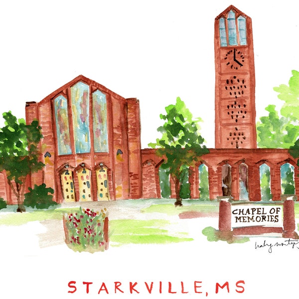 Mississippi State Print. Chapel of Memories. Dorm Room Decor. Wall Print. Mississippi Art. State Watercolor. College Art Print. MSU Painting