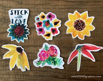 Flower Sticker Pack - Six Nature Stickers - Floral Stickers - Water Bottle Stickers - Waterproof stickers - Die-Cut Stickers - Watercolor