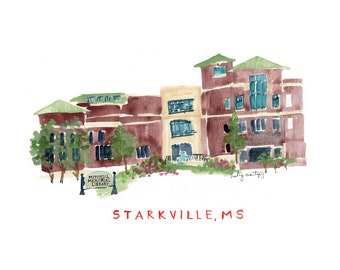 Mississippi State University. Mitchell Memorial Library. Watercolor Print. MSU Watercolor. Dorm Room Decor. MSU Library. College Art Prints.