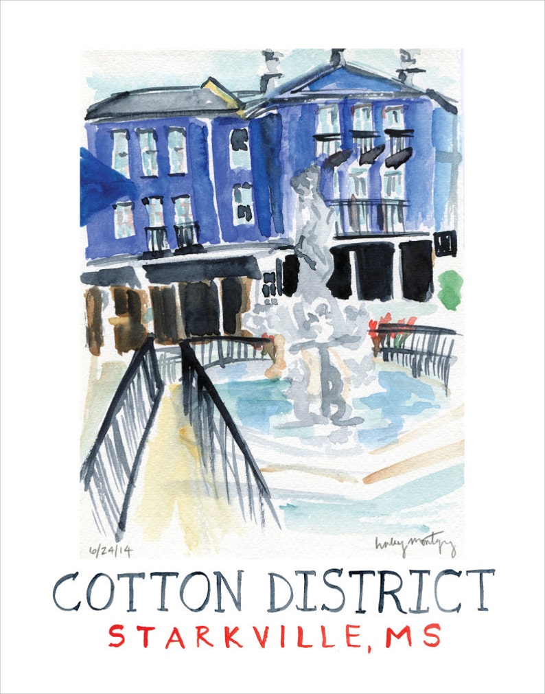 Cotton District, Starkville Mississippi Watercolor Print Hand Lettering image 1