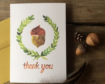 Acorn and Laurel Wreath Thank You Notes -- Watercolor Notecards, Hand Lettering