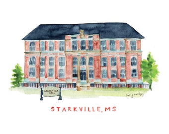 Mississippi State University. Carpenter Hall. Hail State. Watercolor Print. Dorm Room Decor - Engineering Row. Starkville Mississippi Art.