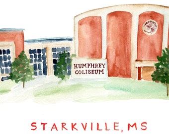 Mississippi State University. Humphrey Coliseum. Mississippi State Watercolor. Hail State. Watercolor Print. Dorm Wall Art. College Decor.