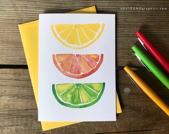 Citrus Wedges -- Blank Notecard -- Fruit -- Watercolor -- Stationery -- Snail Mail -- Lemons -- Oranges -- Limes