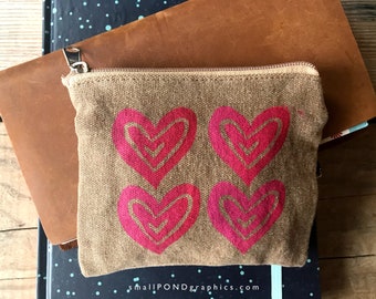 Heart Makeup Coin Pouch - Hand Block Printed Zip Pouch - Cotton Jute Blend Canvas - Eco Friendly Ink - Valentines