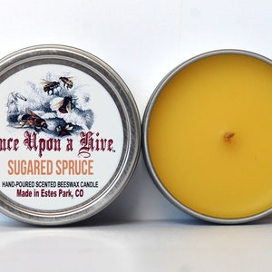 Sugared Spruce Beeswax Candle Tin 4 oz. Candle Natural Travel Tin Container Candle Scented image 1