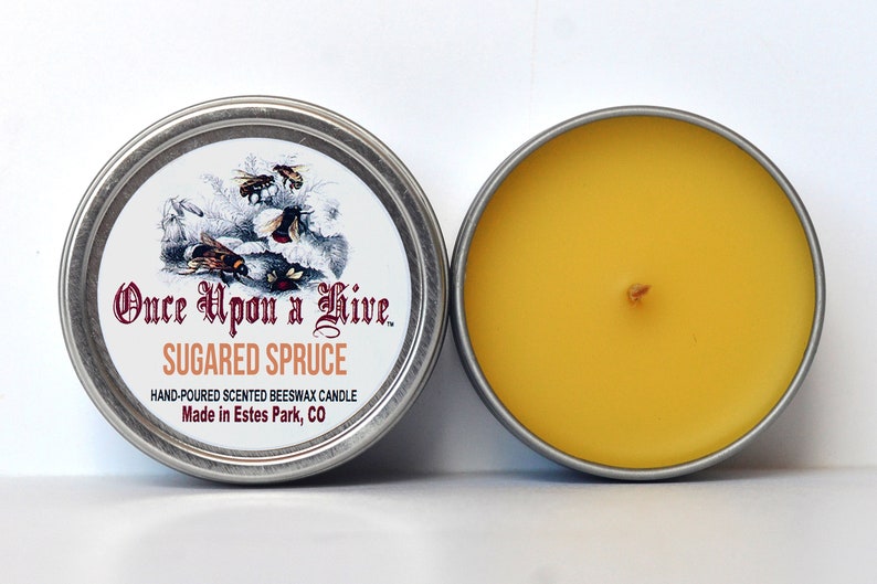 Sugared Spruce Beeswax Candle Tin 4 oz. Candle Natural Travel Tin Container Candle Scented image 1