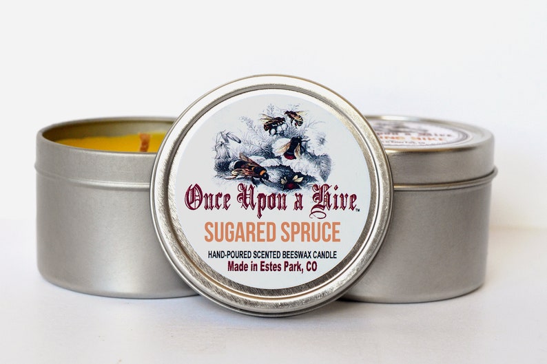 Sugared Spruce Beeswax Candle Tin 4 oz. Candle Natural Travel Tin Container Candle Scented image 2