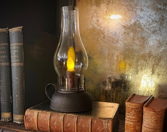 Vintage “Oil” Lantern, Battery Operated Lantern with Wax Candle, Rustic Lantern, Library Lantern, Lantern with Handle