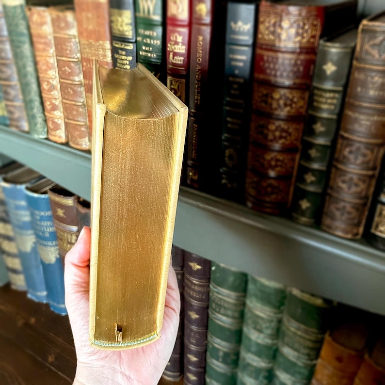 May include: A gold-gilded book with a textured surface is held in front of a shelf of antique books. The book's edges are also gold, and the spine is not visible. The background features a variety of vintage books with different colours and textures.