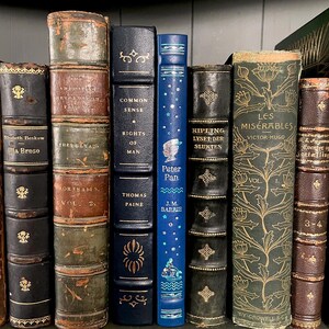 May include: A collection of antique books with leather-bound covers. Titles include "Peter Pan," "Common Sense," and "Les Miserables." The spines are in various colors, including blue, green, and brown, with gold lettering and decorative elements.
