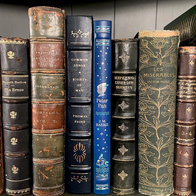 May include: A collection of antique books with leather-bound covers. Titles include "Peter Pan," "Common Sense," and "Les Miserables." The spines are in various colors, including blue, green, and brown, with gold lettering and decorative elements.