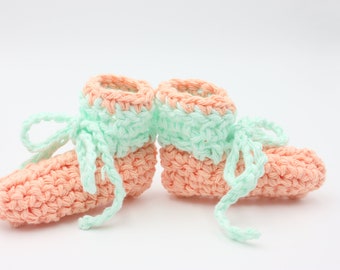 Peach and Green Cotton Preemie Baby Booties - Summer Preemie Shoes - Tiny Baby Booties with Ties