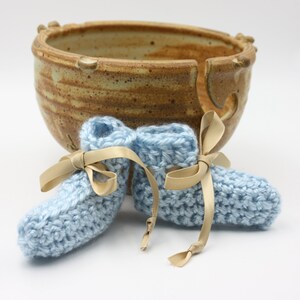 Blue Preemie Baby Booties with Gold Ribbon Ties -