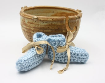 Blue Preemie Baby Booties with Gold Ribbon Ties -