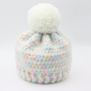 Pastel Rainbow Toddler Hat with White Pompom Variegated Pastel Child Beanie image 1