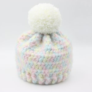 Pastel Rainbow Toddler Hat with White Pompom - Variegated Pastel Child Beanie -