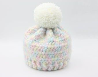 Pastel Rainbow Toddler Hat with White Pompom - Variegated Pastel Child Beanie -