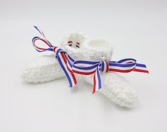 Patriotic USA Preemie Cotton Baby Booties - Red White Blue Tiny Booties - July Preemie Baby Booties -