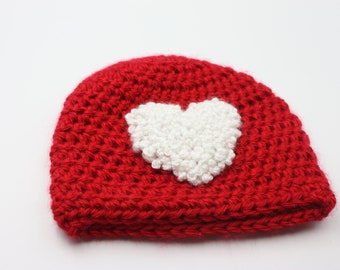 White Heart Red Baby Hat - Valentine Baby Gift - Infant Crochet Beanie