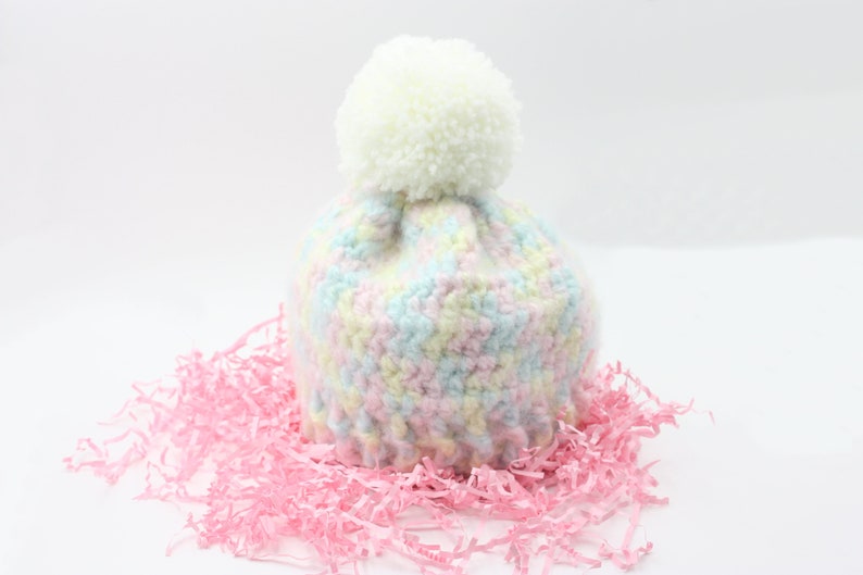 Pastel Rainbow Toddler Hat with White Pompom Variegated Pastel Child Beanie image 4