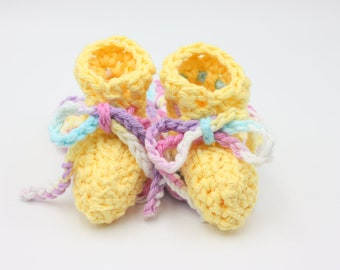 Yellow Cotton Preemie Baby Booties with Variegated Ties - Summer Preemie Baby Booties - Tiny Yellow Baby Booties