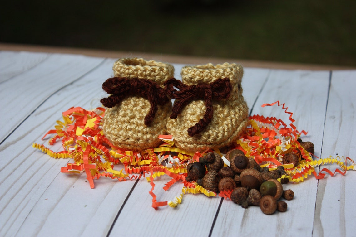 Gold Baby Booties With Brown Ties Fall Baby Booties Autumn Newborn Baby