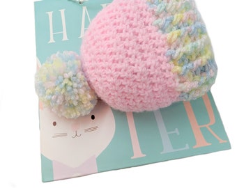 Pink Infant Hat with Rainbow Ribbing and Pompom - Handmade Newborn Pompom Hat