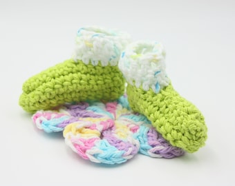 Green Preemie Cotton Baby Booties - Variegated Cuff Baby Booties - Crochet Tiny Booties