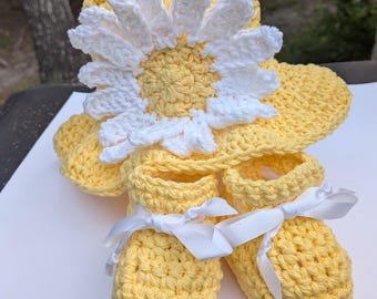 Yellow Cotton Baby Sun Hat and Booties Set