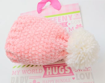 Pink Velvet Baby Pompom Hat - Newborn Velvet Hat - Ribbed Crochet Baby Hat