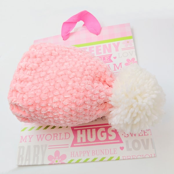 Pink Velvet Baby Pompom Hat - Newborn Velvet Hat - Ribbed Crochet Baby Hat