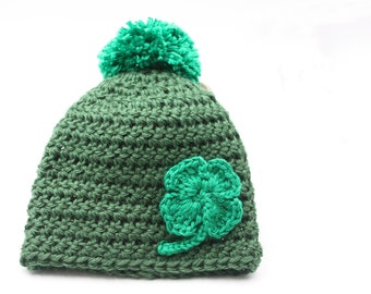 Dark Green Shamrock Baby Hat - March Lucky Baby Hat - Newborn Clover Hat