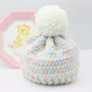 Pastel Rainbow Toddler Hat with White Pompom Variegated Pastel Child Beanie image 5