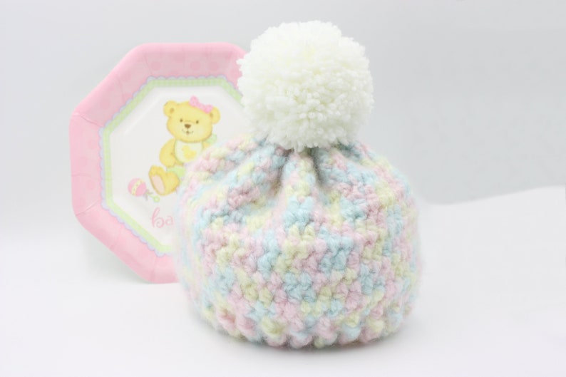 Pastel Rainbow Toddler Hat with White Pompom Variegated Pastel Child Beanie image 5