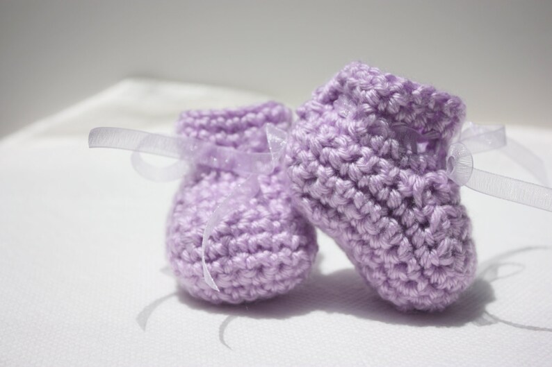 Purple Crocheted Baby Booties With Ribbon Ties Newborn Etsy
