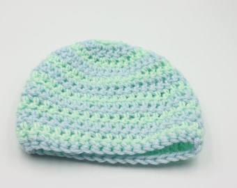 Blue Green Striped Baby Hat Crochet Newborn Baby Beanie Pastel Baby Hat