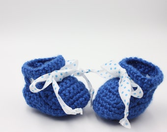 Royal Blue Baby Booties with Polka Dot Ribbon Ties - Newborn Baby Boy Booties - Crochet Blue Baby Booties