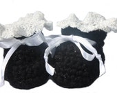 Black Baby Booties - Crochet Baby Booties - Sparkle Booties with Satin Ribbon and Lacy Top