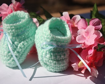 Green Newborn Crocheted Baby Booties  with Ribbon Ties- Green Baby Shoes - Crocheted Baby Gift - Gender Neutral Baby Gift