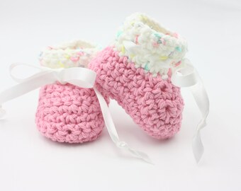 Pink Cotton Baby Booties with Variegated Cuff - Baby Girl Baby Shoes - Crochet Pink Booties -